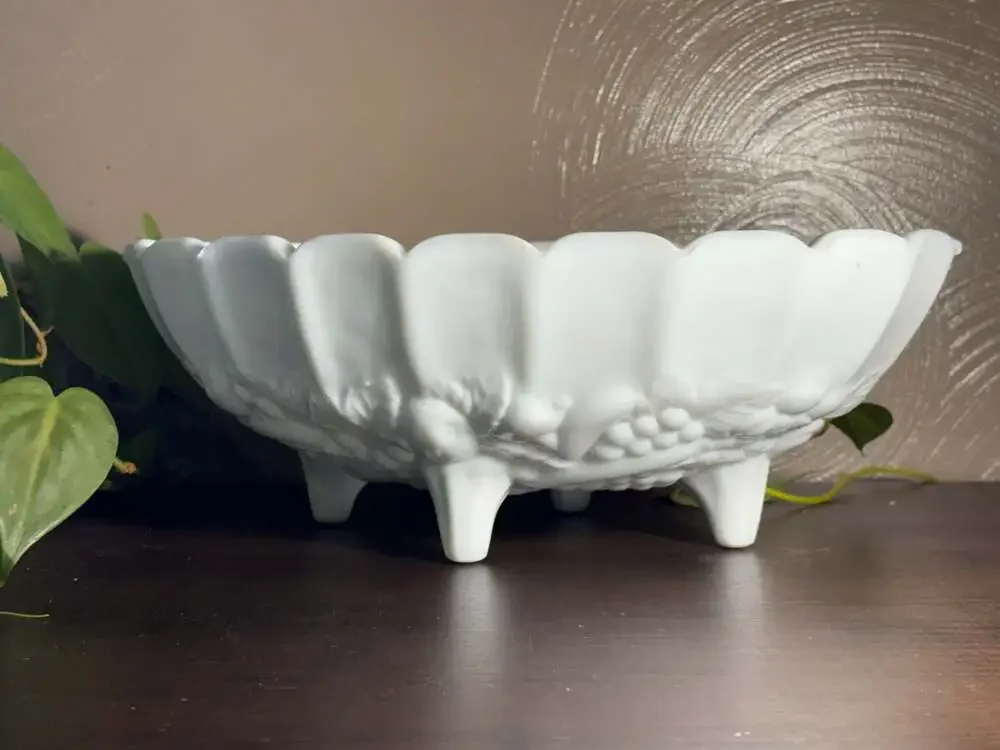 Vintage Milk Glass Pedestal Bowl Octagonal Scalloped Rim Grape Leaf Fruit Design